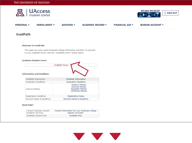 Screenshot of the GradPath landing page within Student Center. Link to GradPath is highlighted.