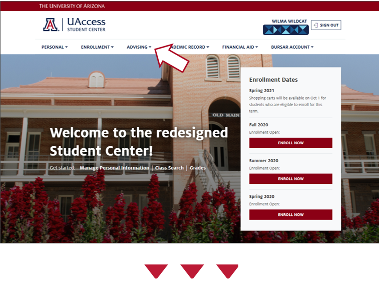 Screenshot of Student Center landing page, highlights Advising menu.
