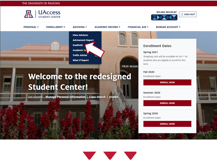 Screenshot of Student Center landing page, highlights GradPath link within the Advising menu.